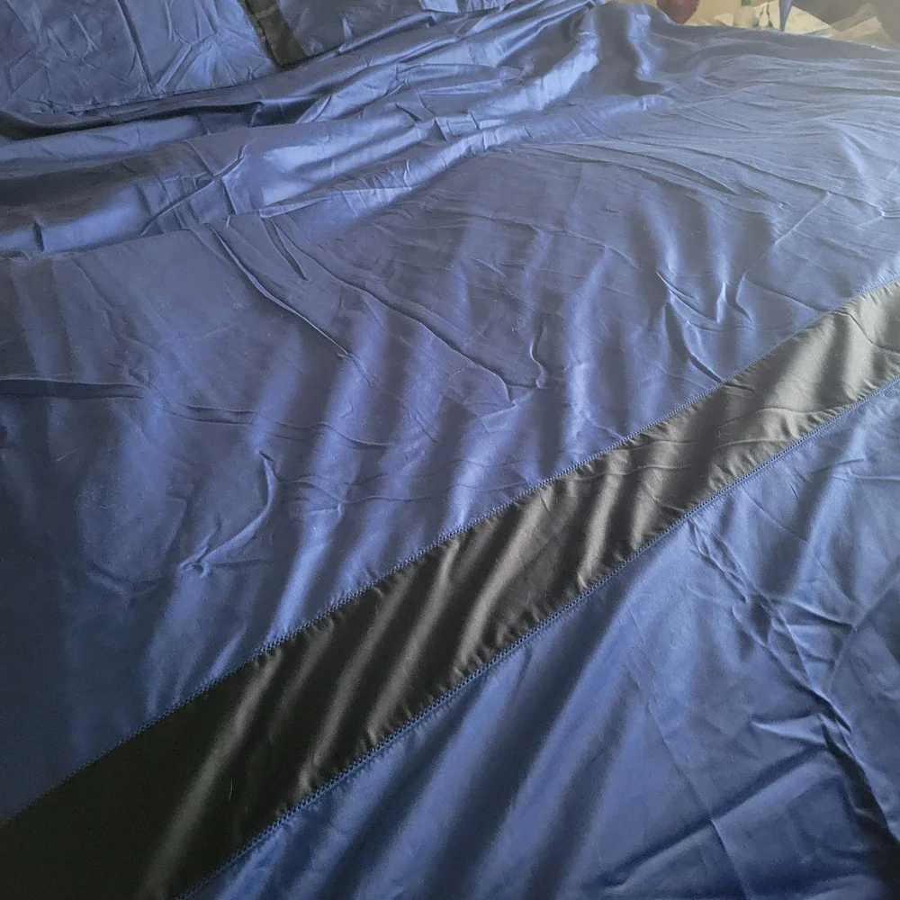 NWOT CALVIN KLEIN Blue and Black 100% COTTON DUVET COVER PILLOWCASE SET-QUEEN